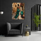 Donna abito verde Vespa strada dai colori vivaci quadro