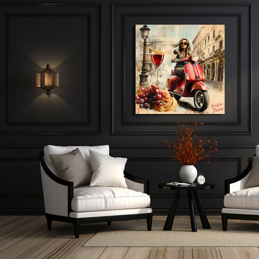 Donna affascinante vespa vino italia quadro