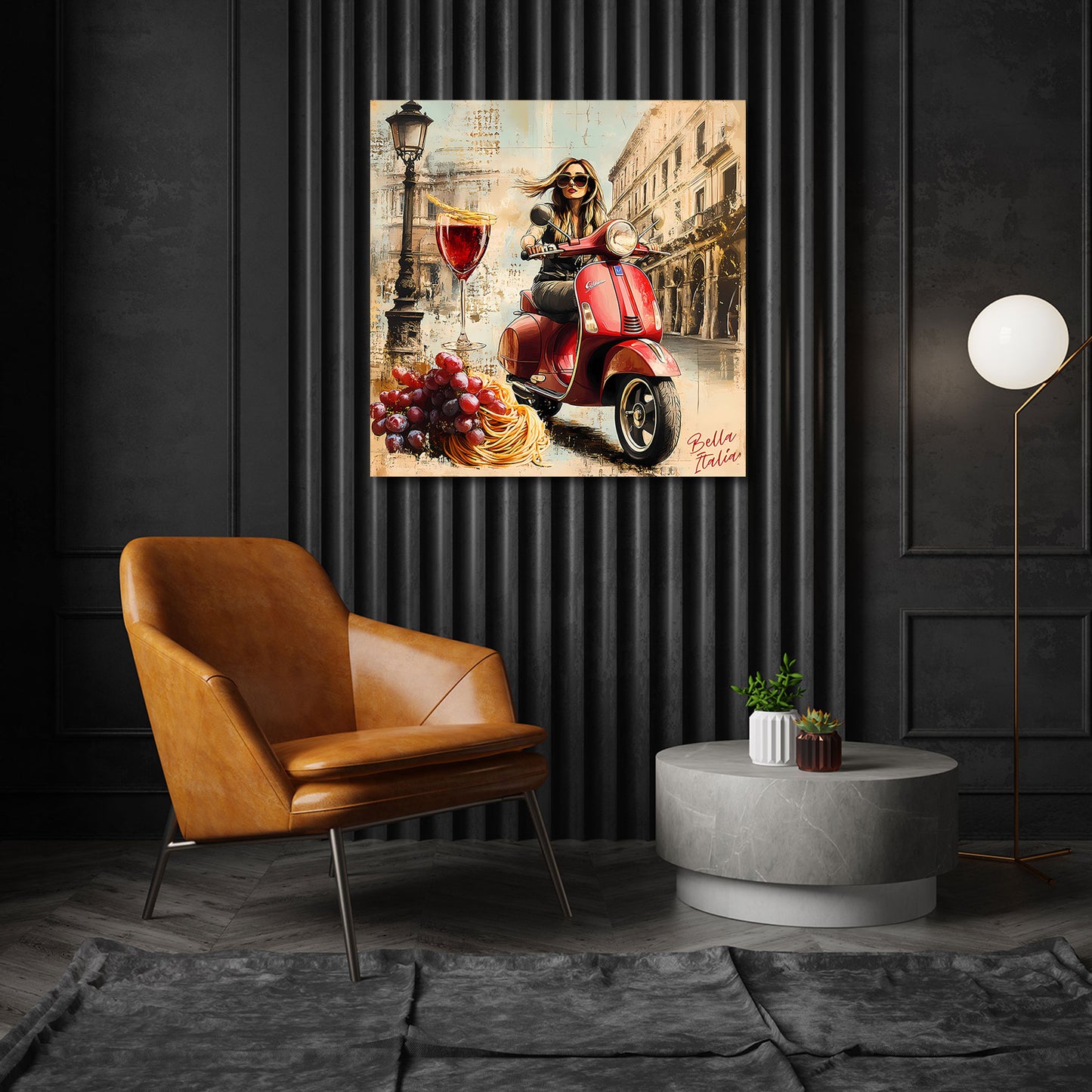 Donna affascinante vespa vino italia quadro