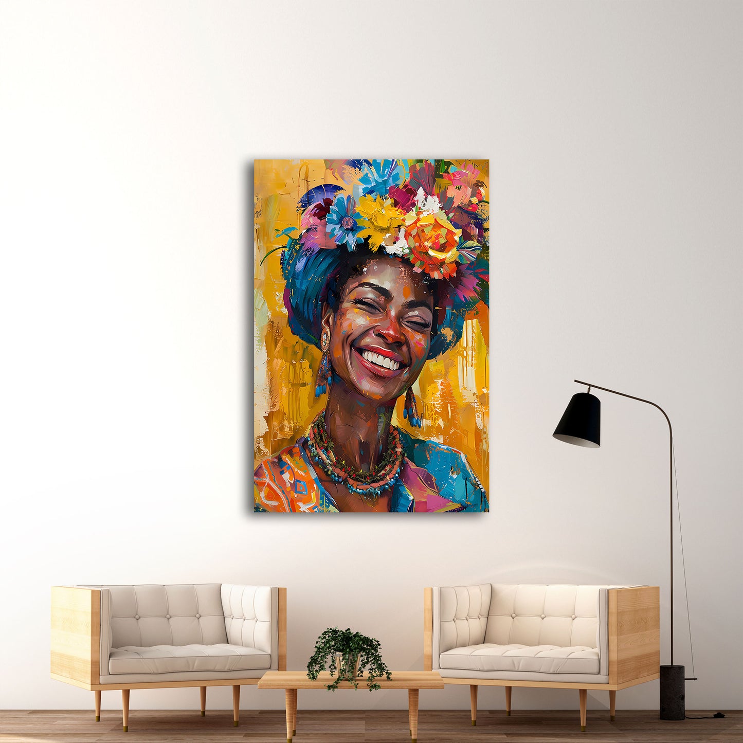 Donna africana sorridente con corona di fiori quadro