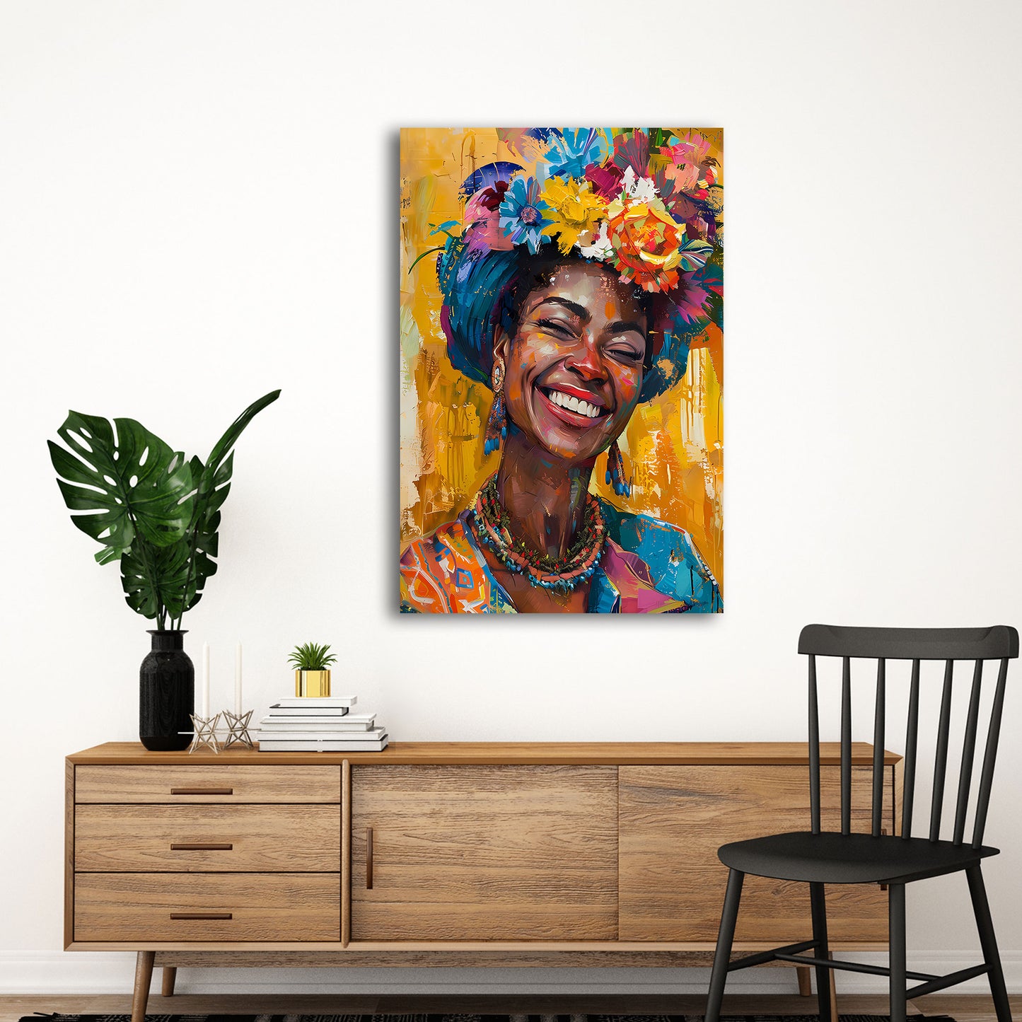 Donna africana sorridente con corona di fiori quadro