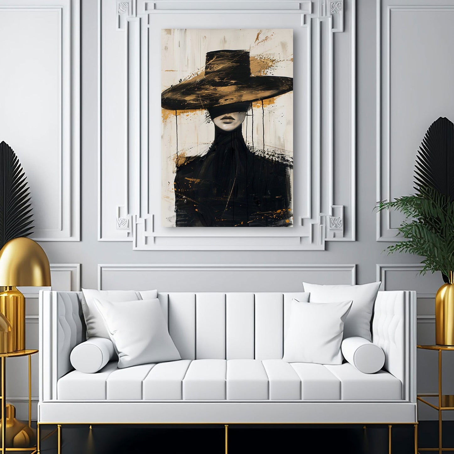 Donna astratta elegante cappello nero oro stile moderno quadro