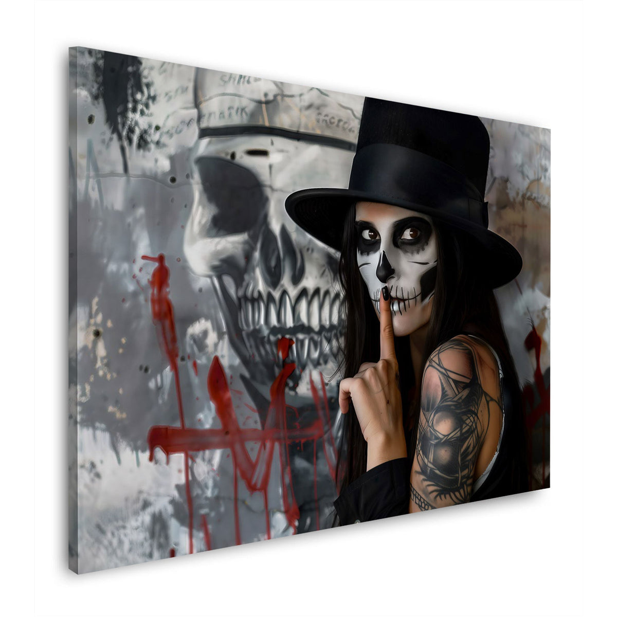 Donna Catrina con cilindro davanti a teschio graffiti quadro