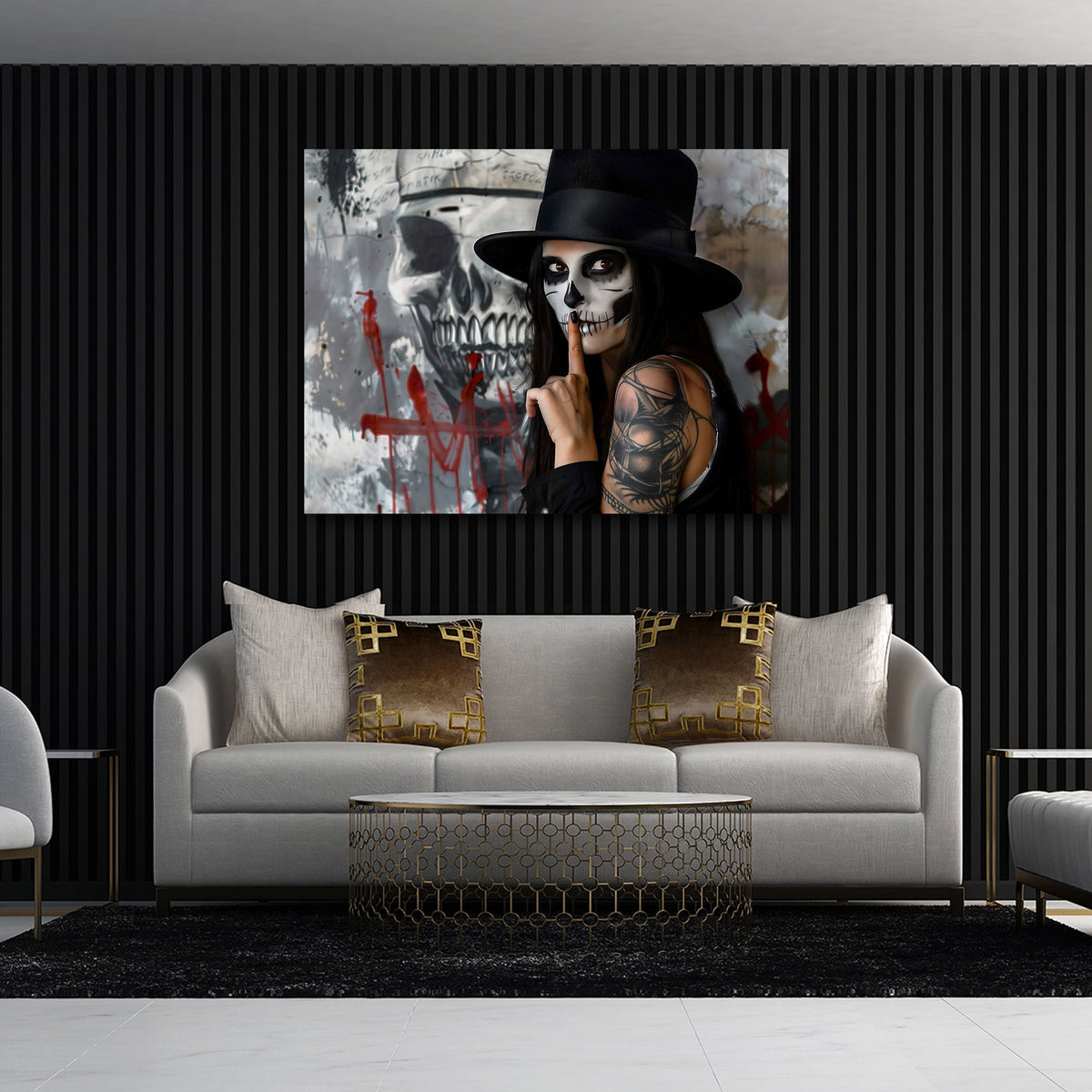 Donna Catrina con cilindro davanti a teschio graffiti quadro
