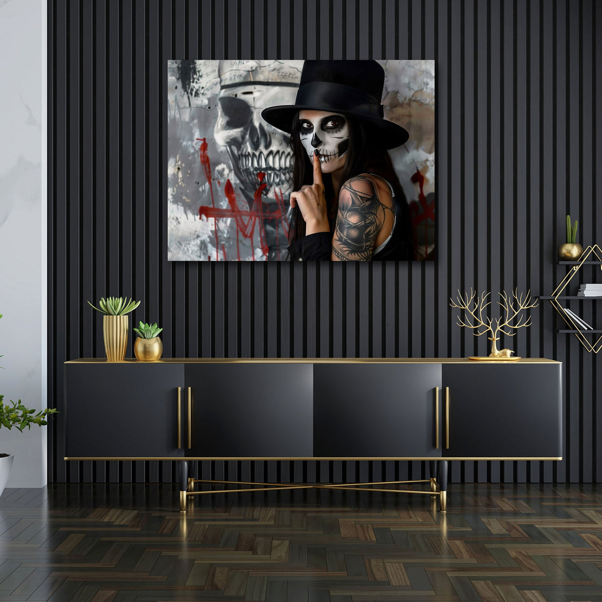 Donna Catrina con cilindro davanti a teschio graffiti quadro