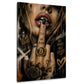 Donna con anello Bitcoin e dito sulle labbra graffiti quadro