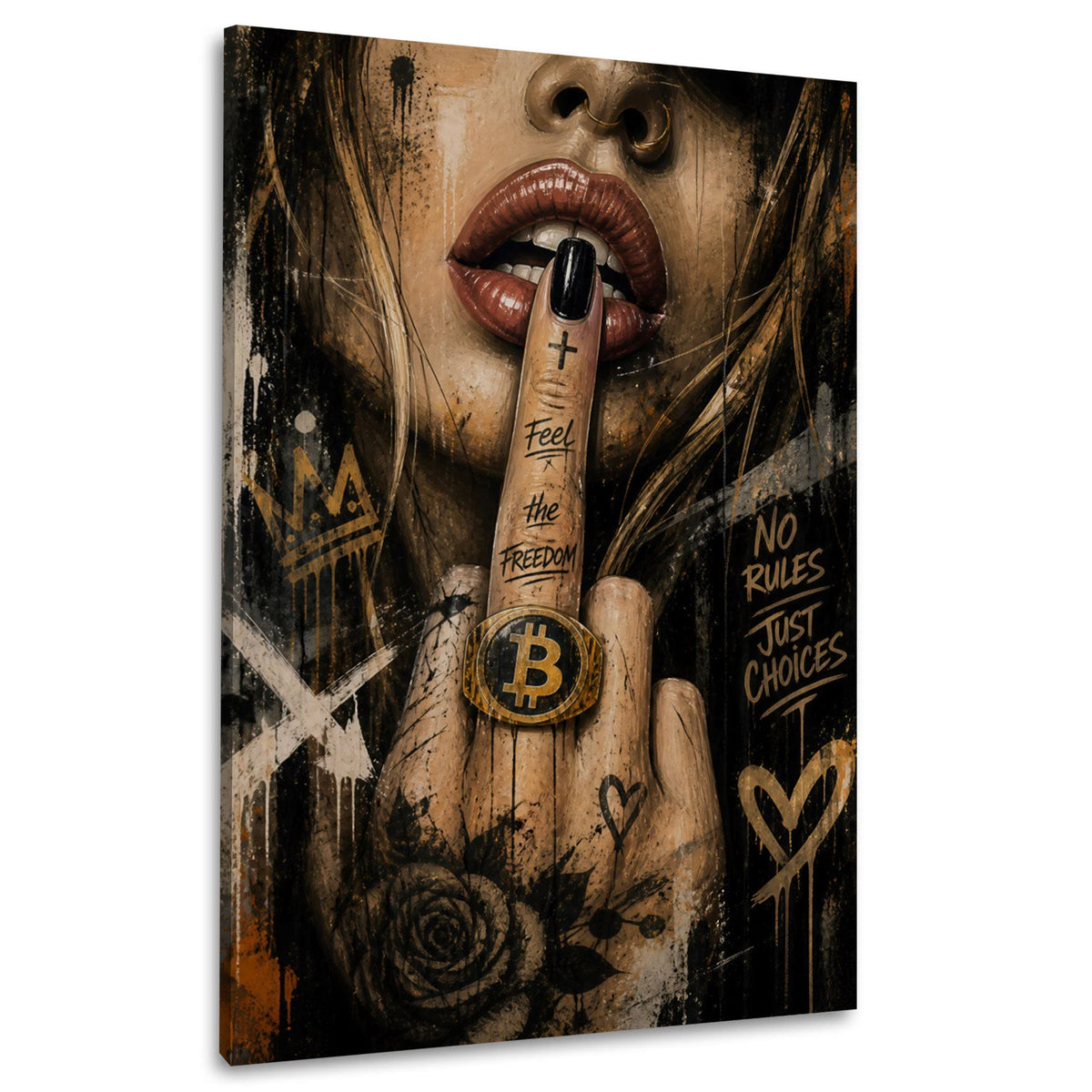 Donna con anello Bitcoin e dito sulle labbra graffiti quadro