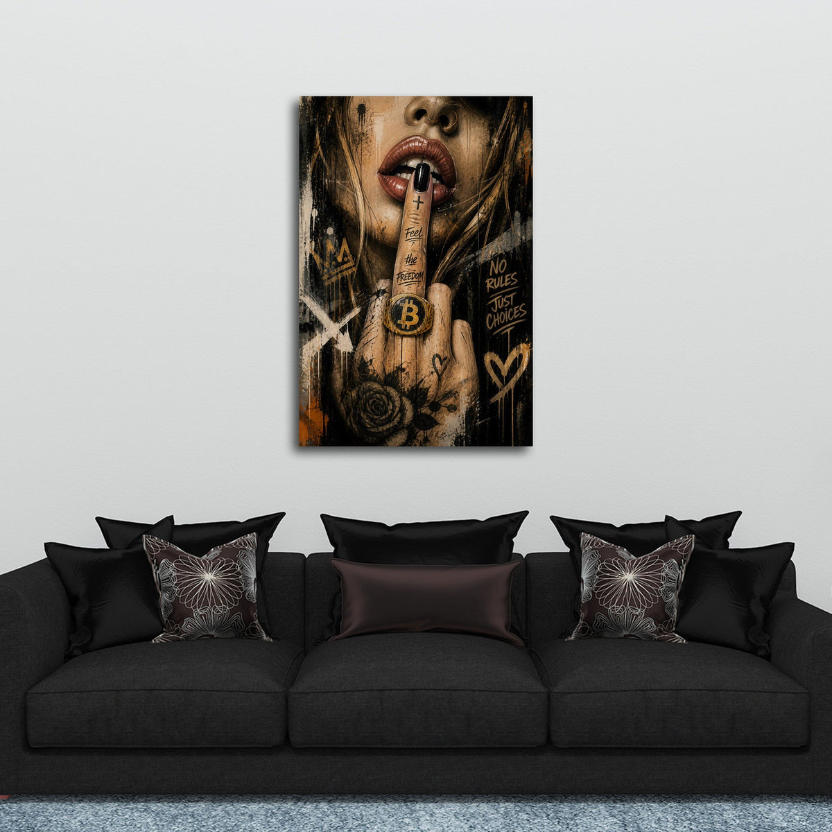 Donna con anello Bitcoin e dito sulle labbra graffiti quadro