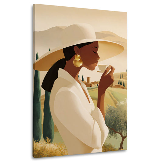 Donna con cappello gusta un caffè in Toscana quadro