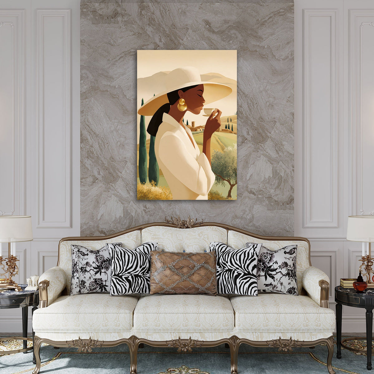 Quadro donna caffè Toscana in soggiorno