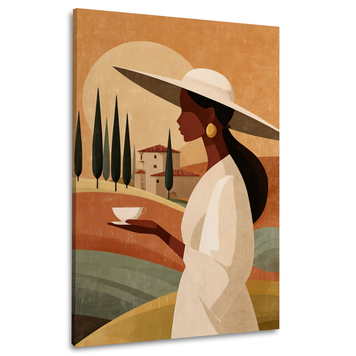 Donna con cappello su paesaggio in arancio e beige quadro