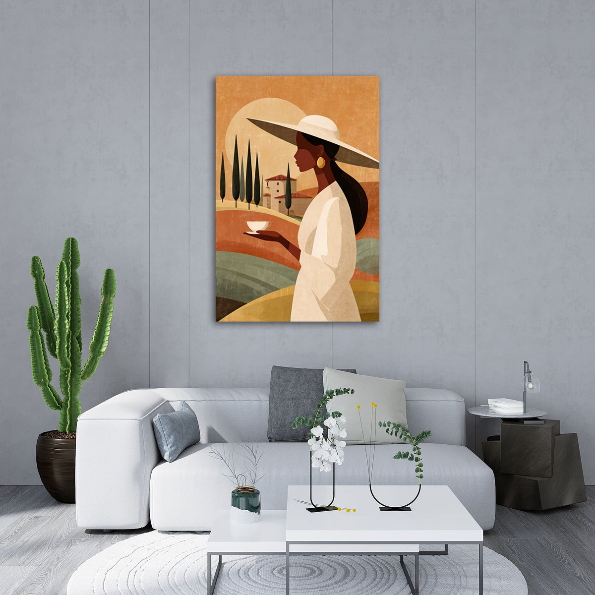 Quadro donna con cappello paesaggio in soggiorno