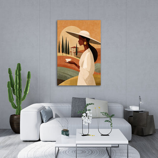 Quadro donna con cappello paesaggio in soggiorno