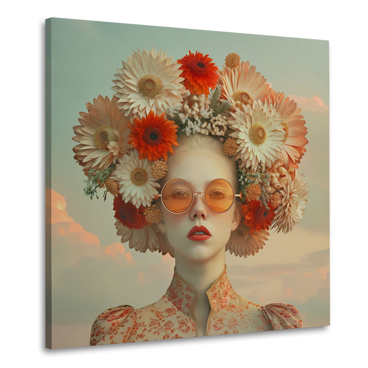 Donna con corona di fiori e occhiali tondi quadro