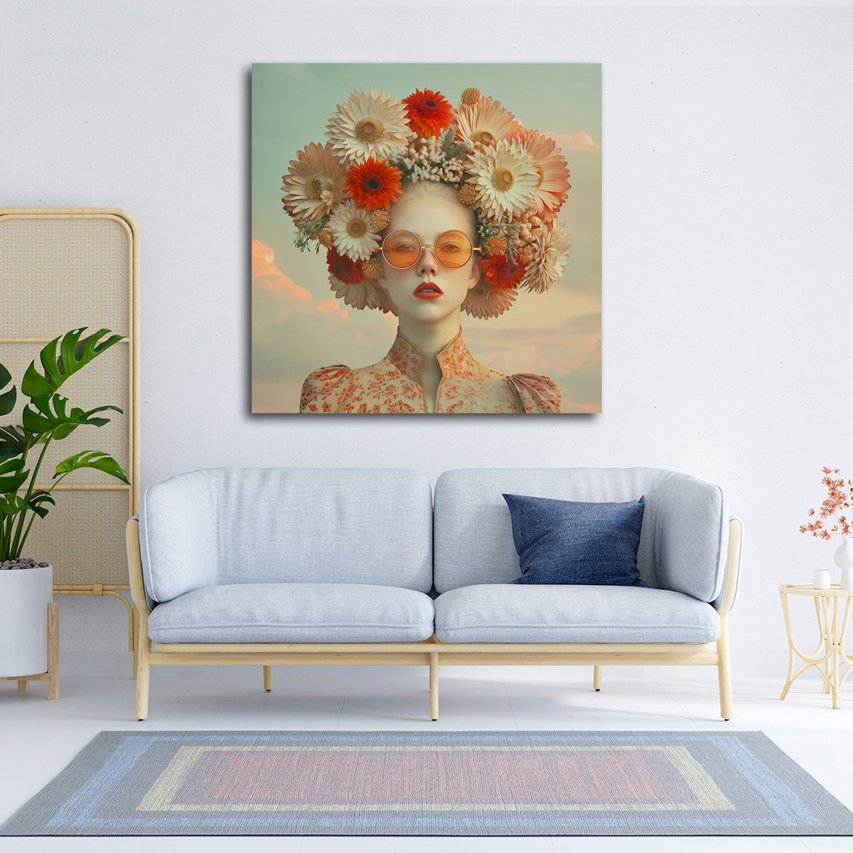 Quadro donna corona di fiori in soggiorno
