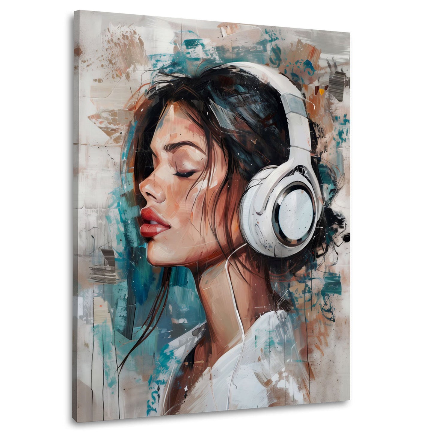 Donna con cuffie acquerello con colori brillanti quadro