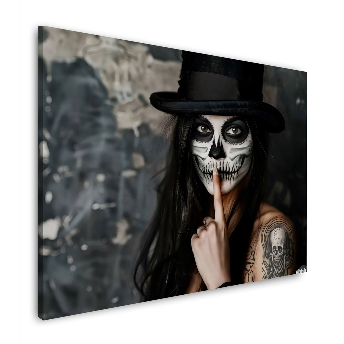Donna con trucco da teschio e cilindro in ritratto gothic quadro