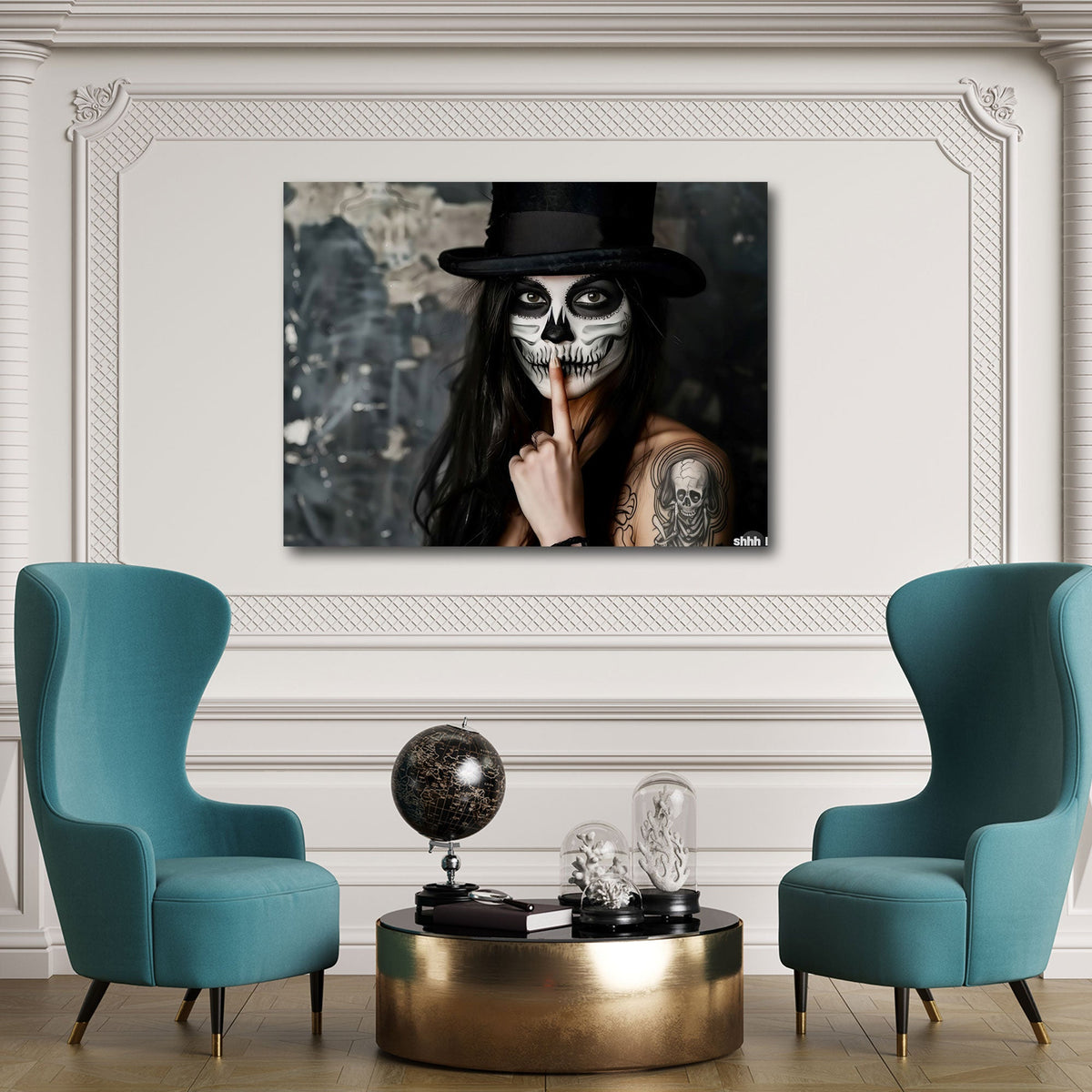 Donna con trucco da teschio e cilindro in ritratto gothic quadro