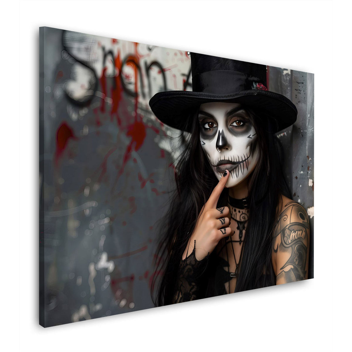 Donna con trucco da teschio e cilindro in stile gothic quadro