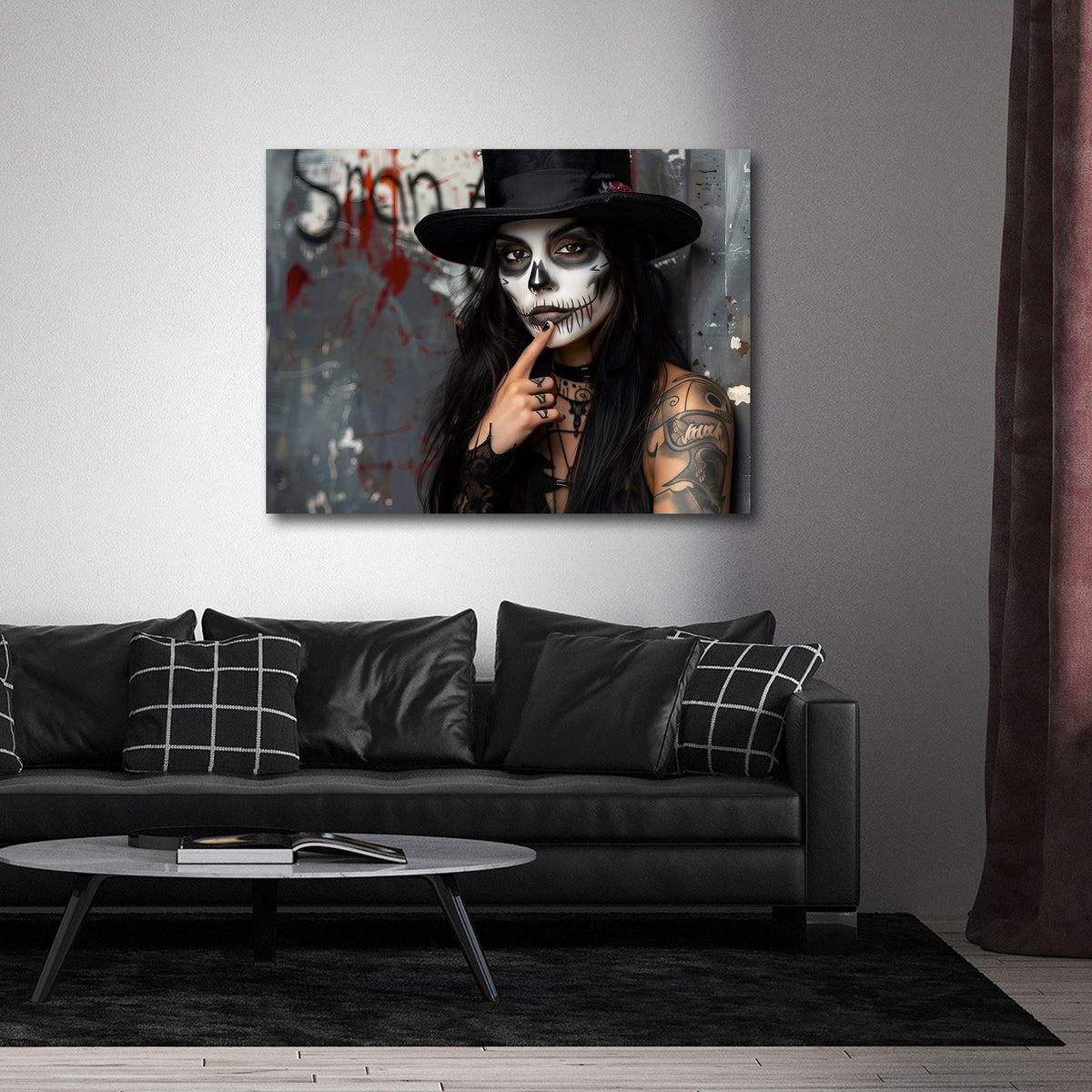 Donna con trucco da teschio e cilindro in stile gothic quadro
