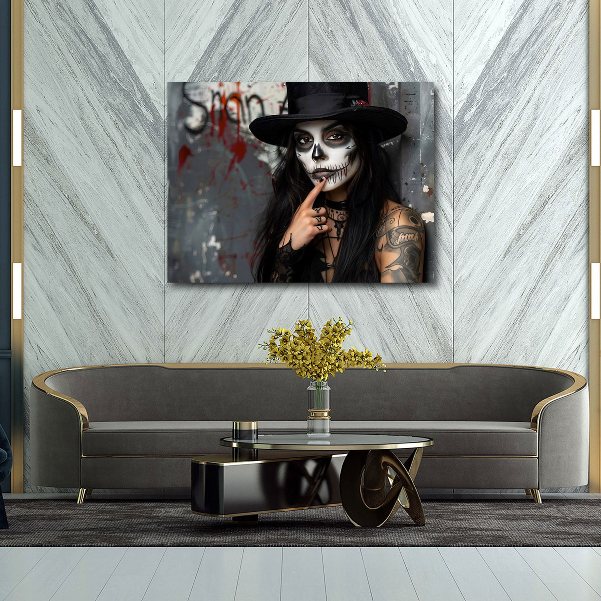 Donna con trucco da teschio e cilindro in stile gothic quadro