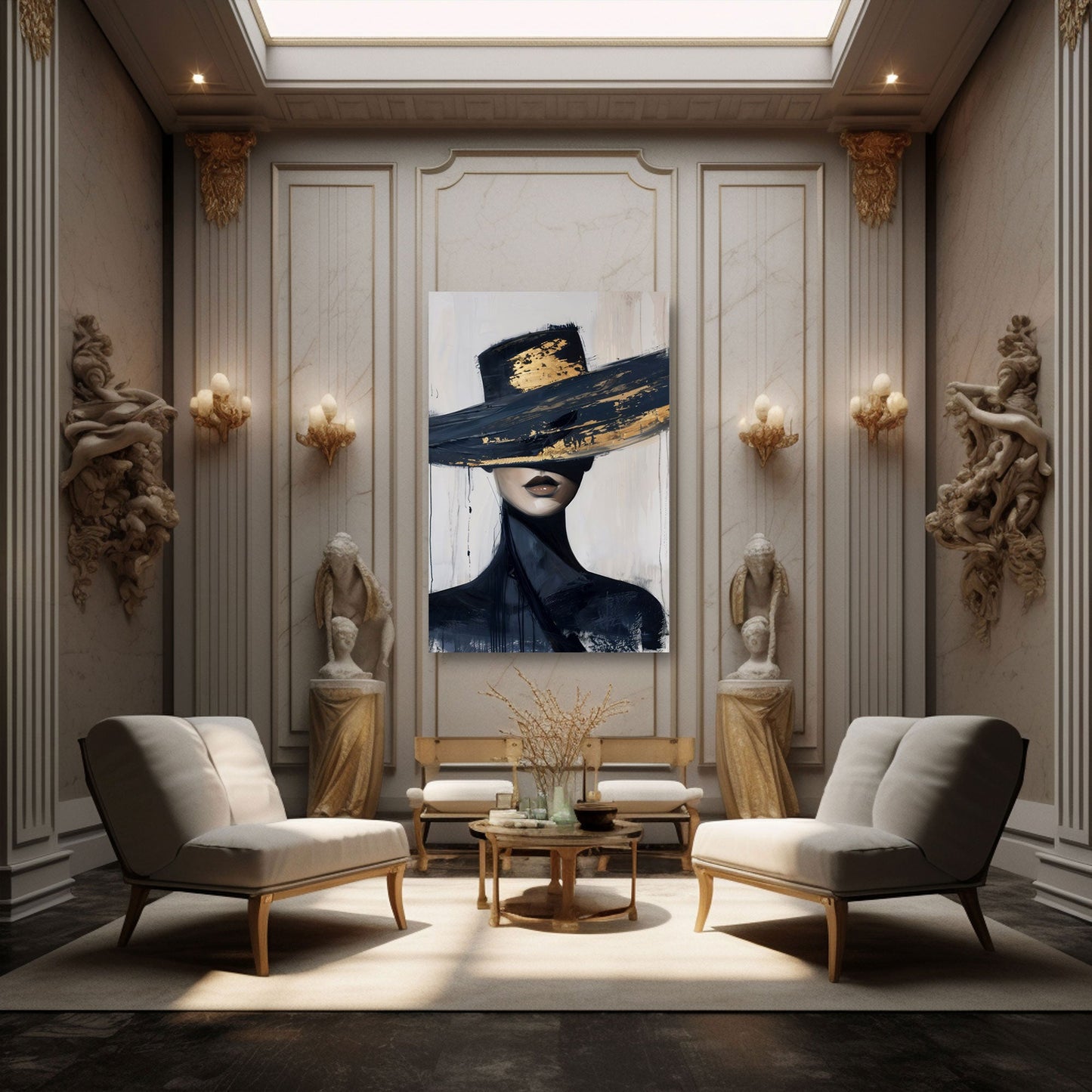 Donna elegante cappello nero oro dai toni vivaci quadro