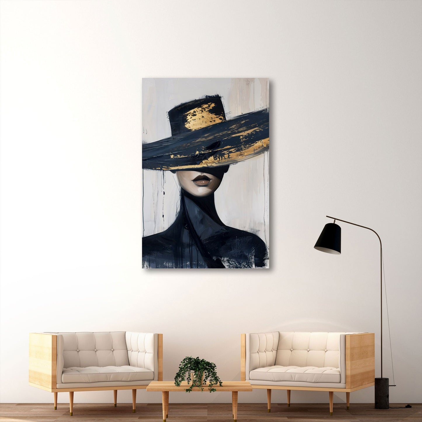 Donna elegante cappello nero oro dai toni vivaci quadro