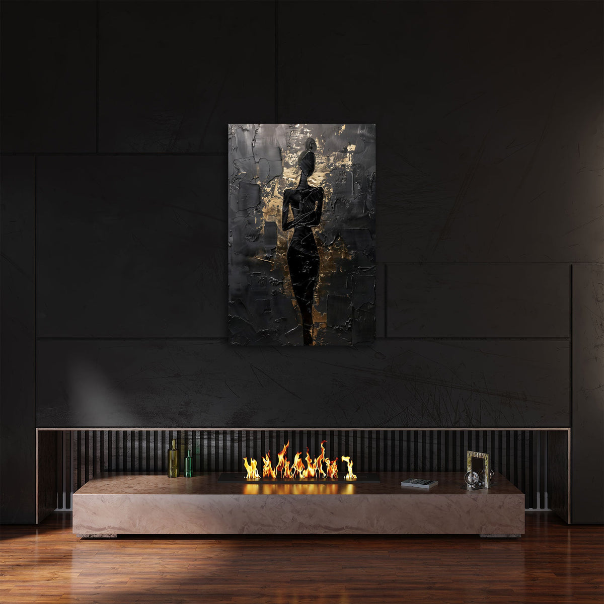 Quadro donna elegante nero e oro ambientato