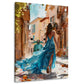 Donna elegante in vestito blu con vespa in scena estiva quadro