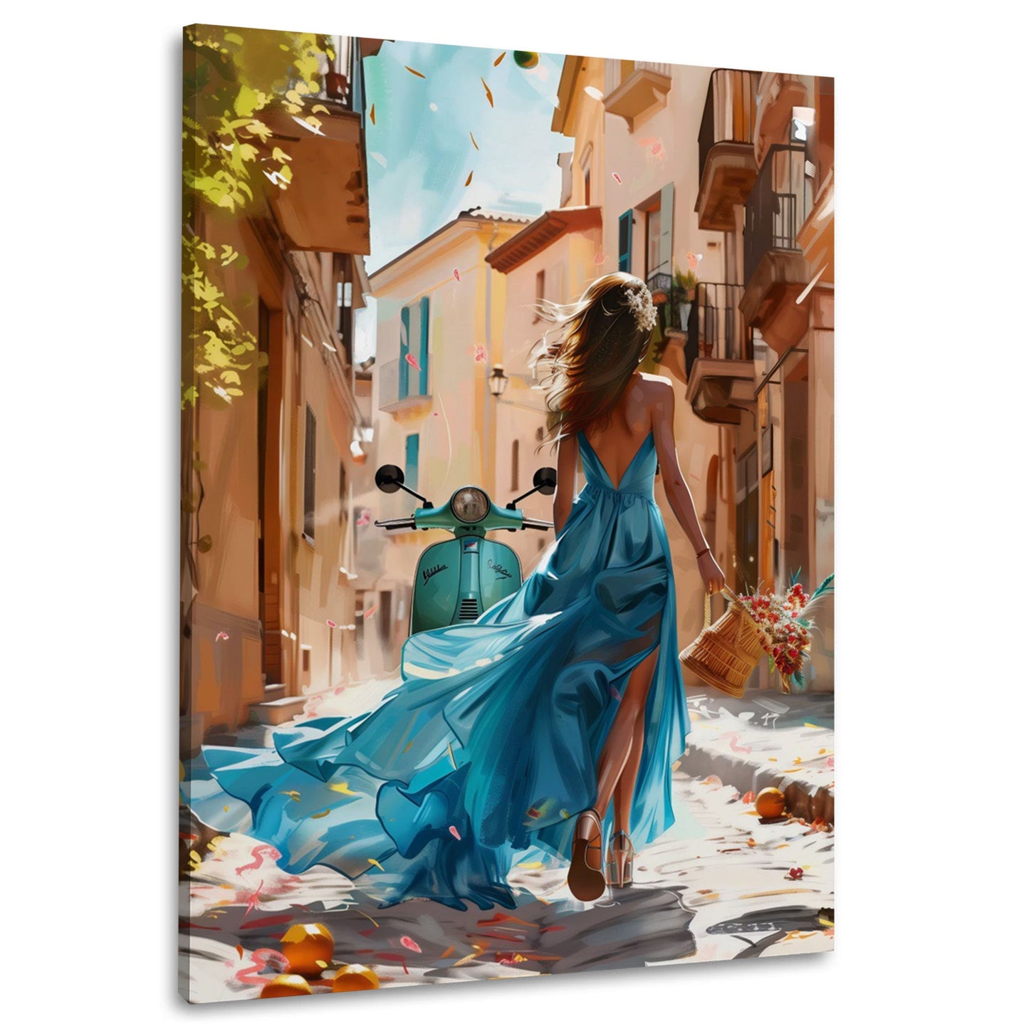 Donna elegante in vestito blu con vespa in scena estiva quadro
