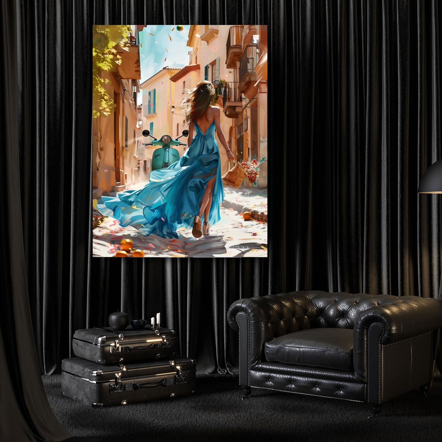 Donna elegante in vestito blu con vespa in scena estiva quadro