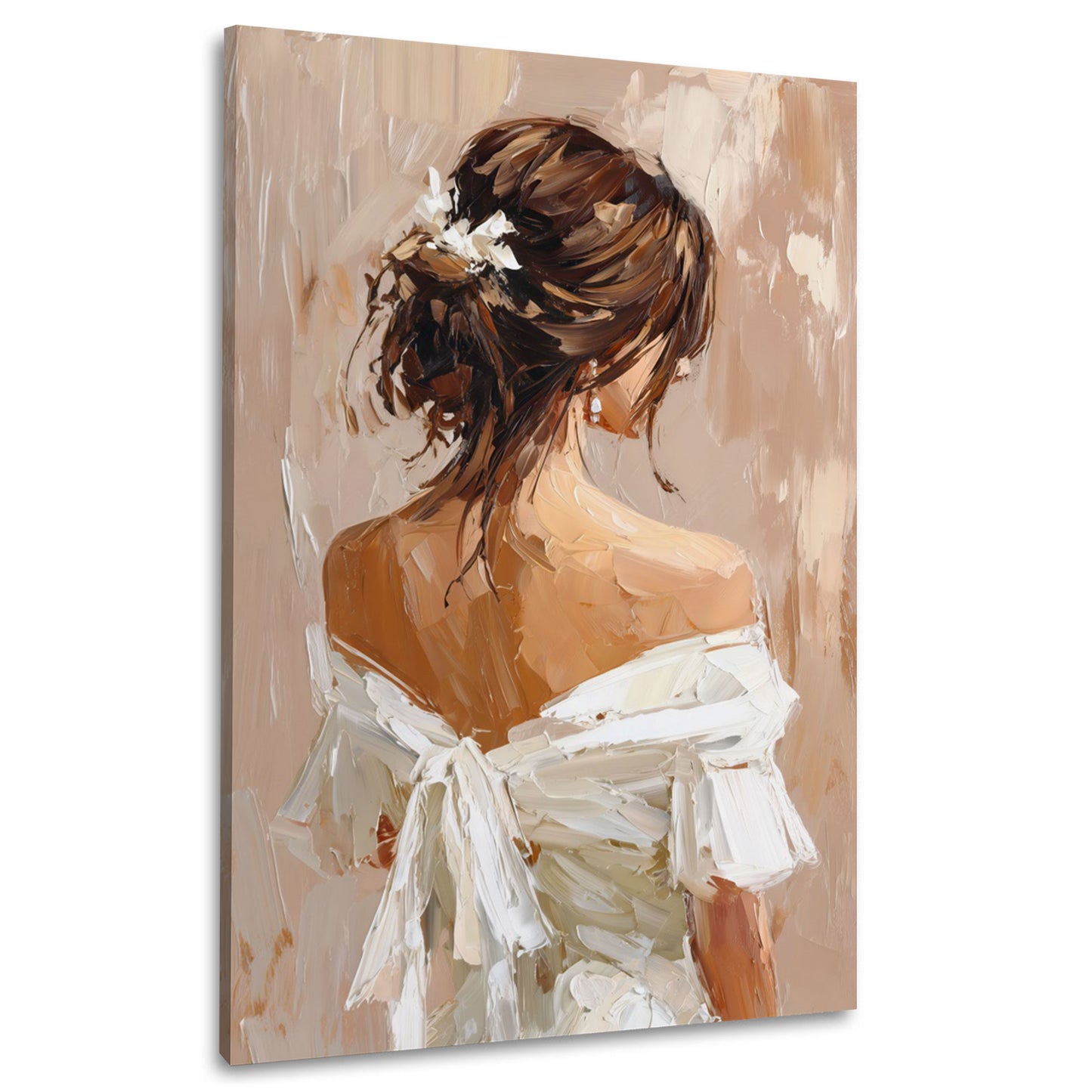 Donna elegante vista da dietro abito bianco ritratto artistico quadro