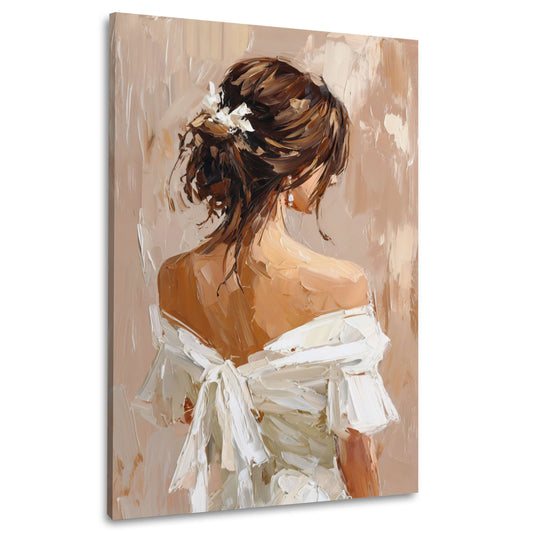 Donna elegante vista da dietro abito bianco ritratto artistico quadro