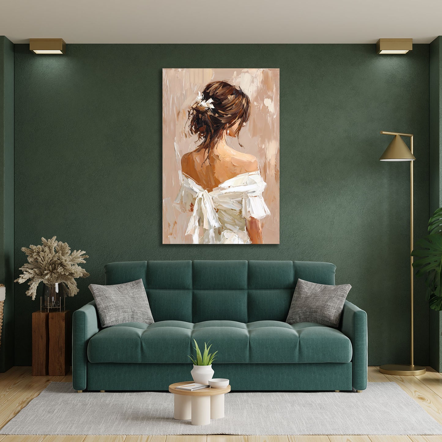 Donna elegante vista da dietro abito bianco ritratto artistico quadro