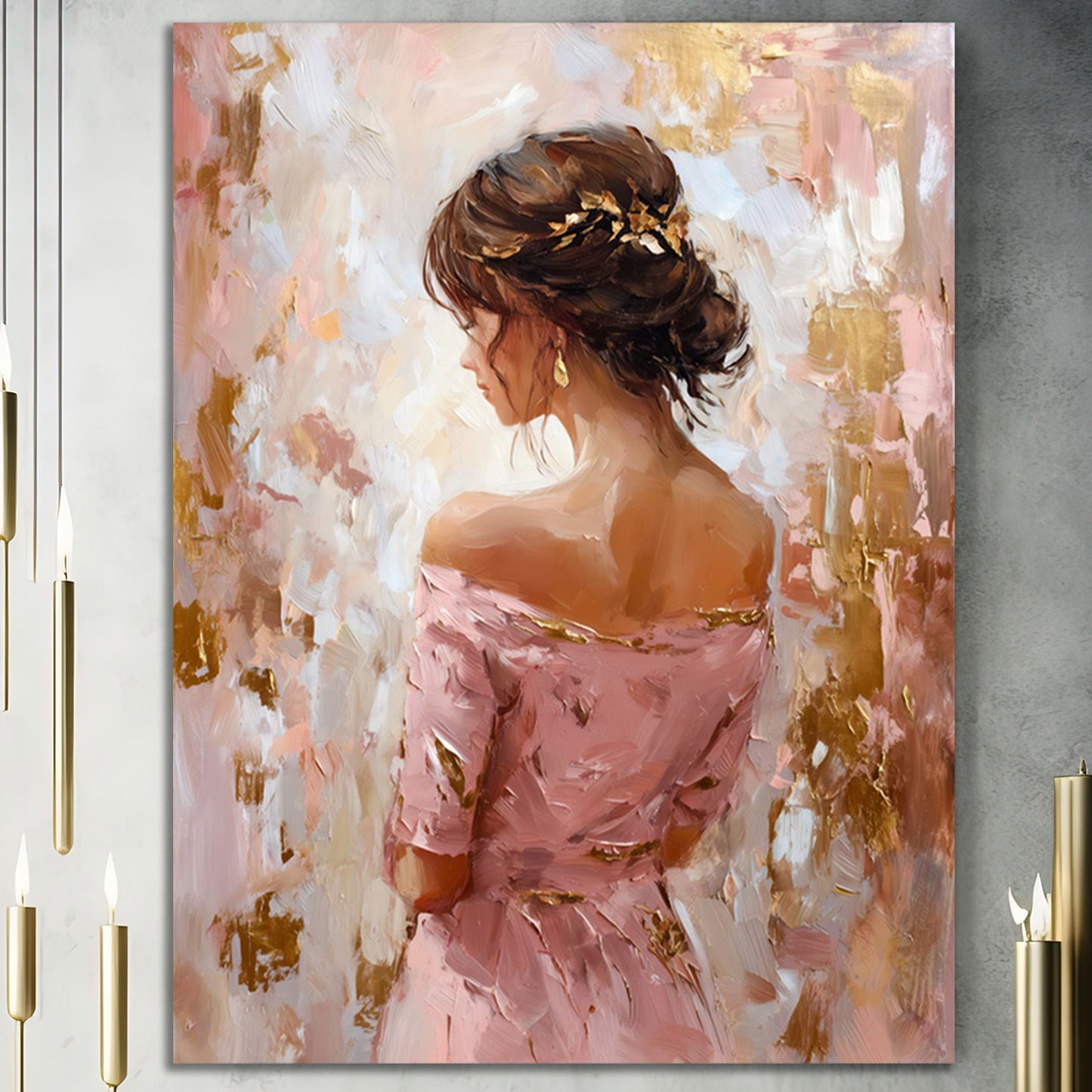 Donna elegante vista da dietro abito rosa ritratto moderno quadro