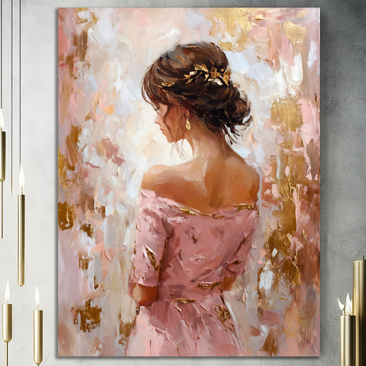 Donna elegante vista da dietro abito rosa ritratto moderno quadro