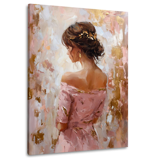 Donna elegante vista da dietro abito rosa ritratto moderno quadro