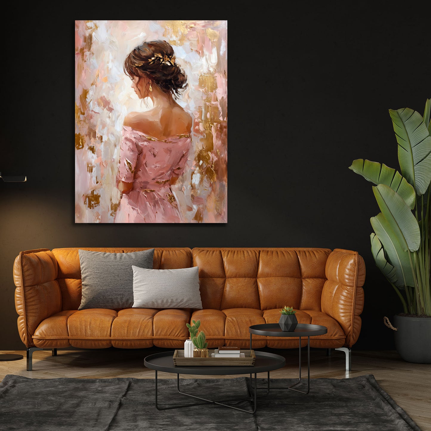 Donna elegante vista da dietro abito rosa ritratto moderno quadro