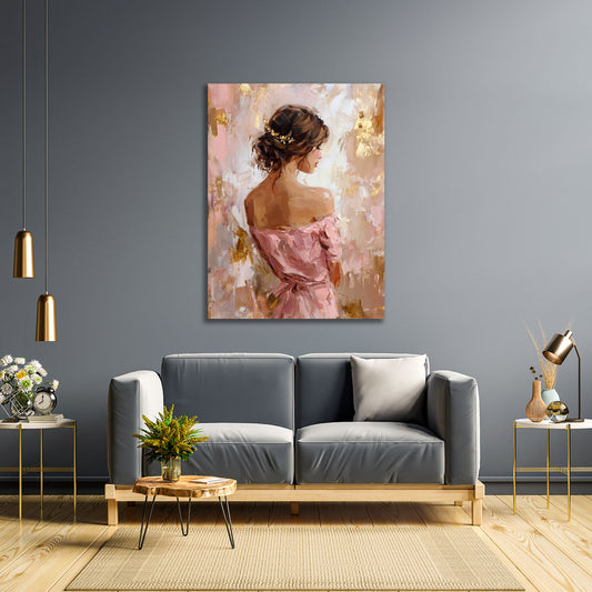 Donna elegante vista da dietro abito rosa ritratto raffinato quadro