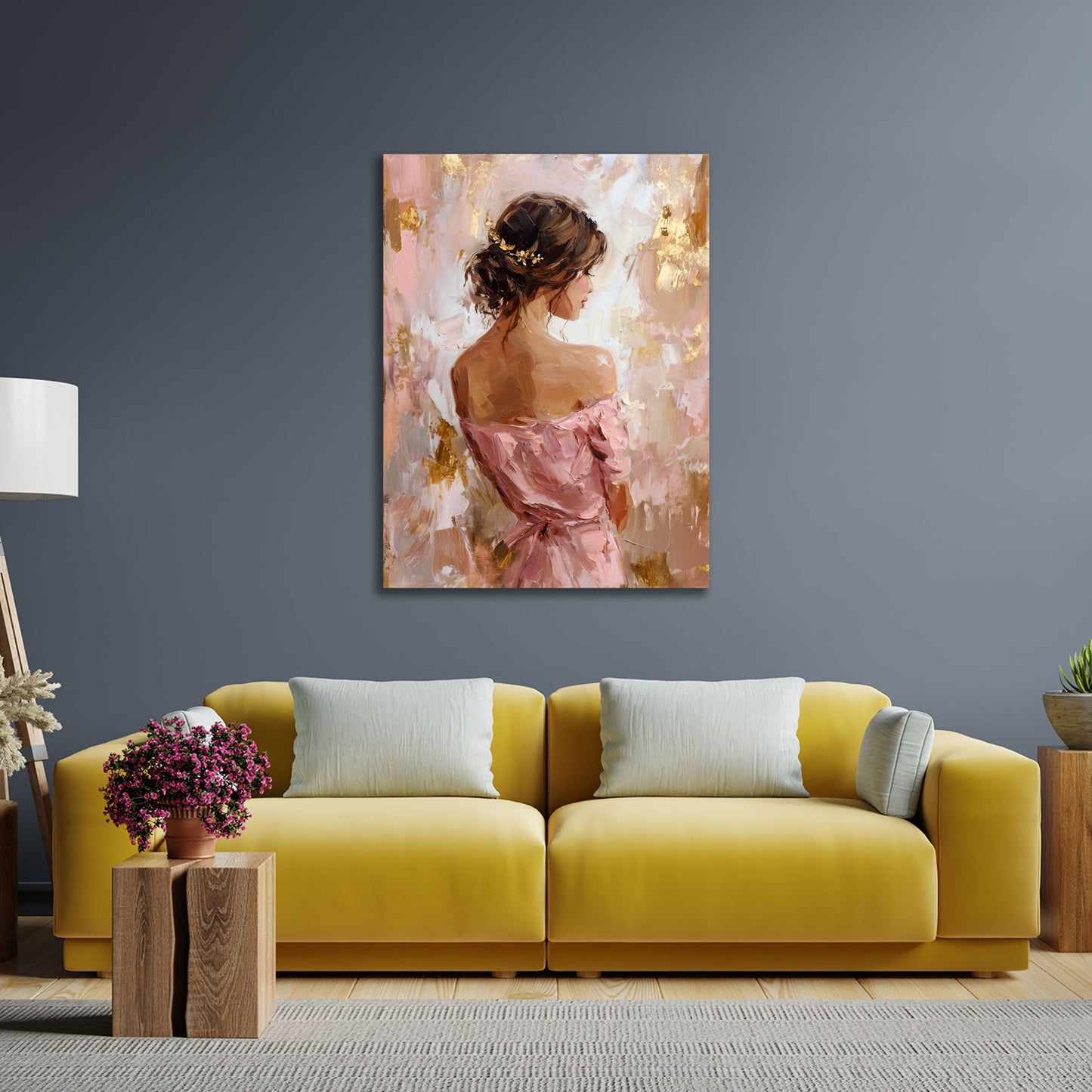 Donna elegante vista da dietro abito rosa ritratto raffinato quadro