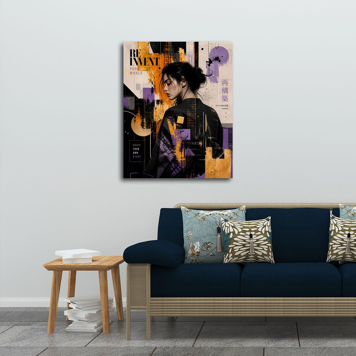 Donna giapponese di profilo in collage viola e oro moderno quadro