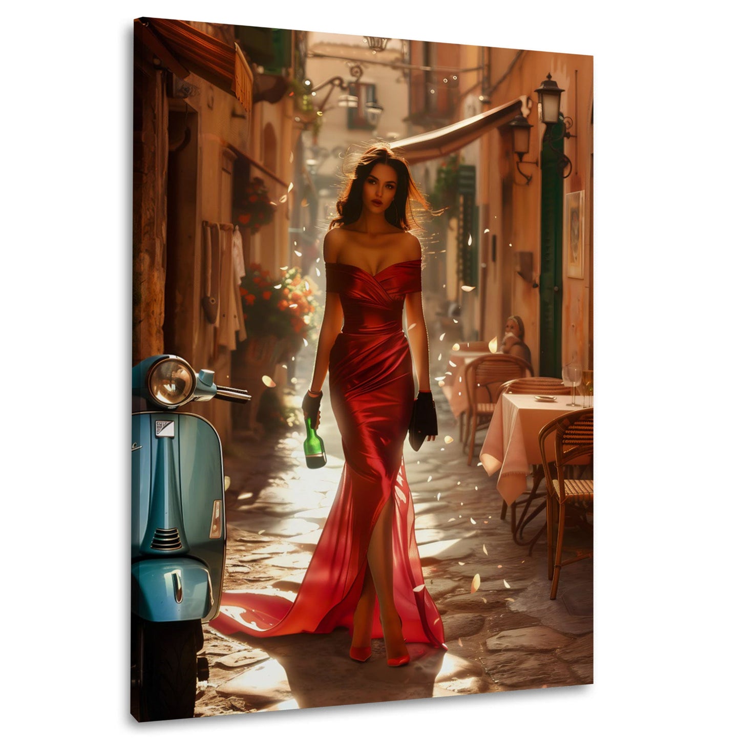 Donna in abito rosso scena urbana dai toni caldi quadro