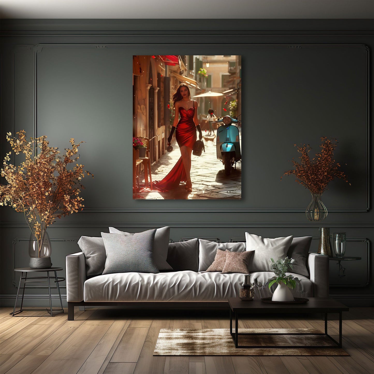 Donna in abito rosso scena urbana dai toni caldi quadro
