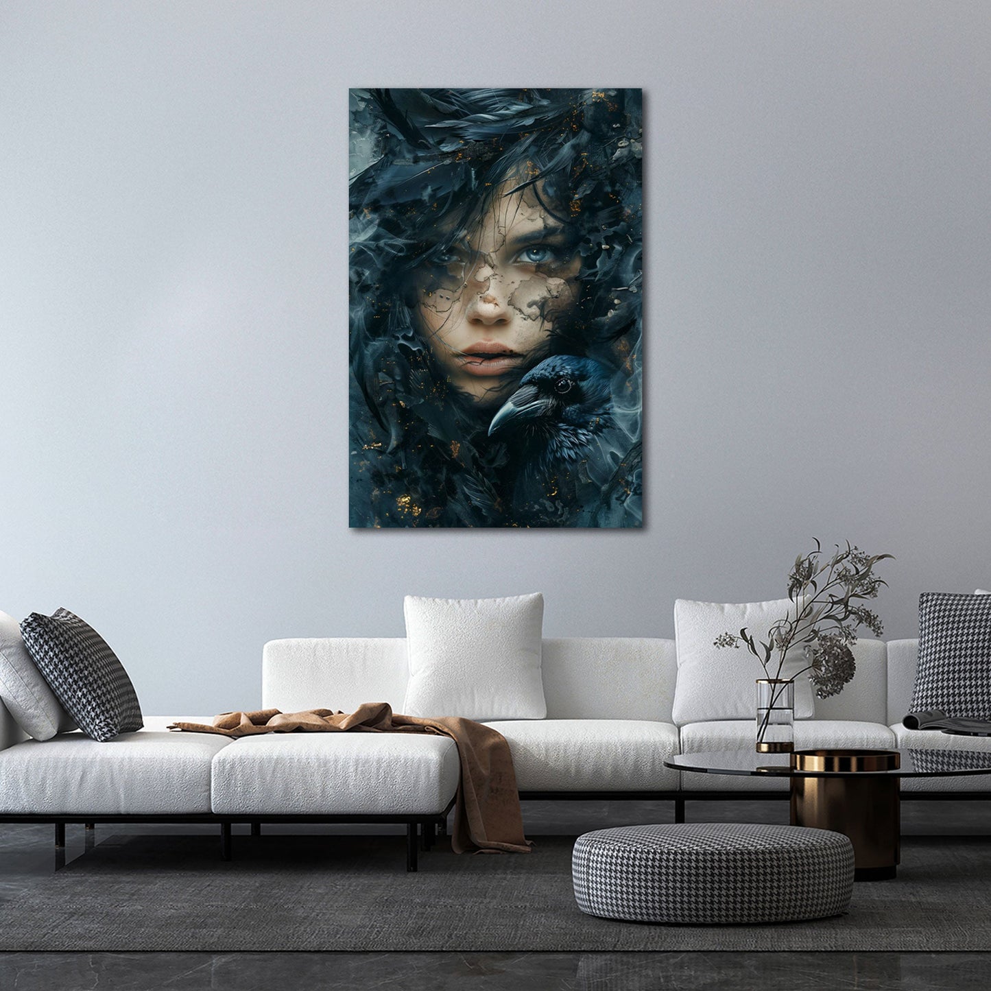 Donna misteriosa tra fumo piume nere e corvo nero quadro