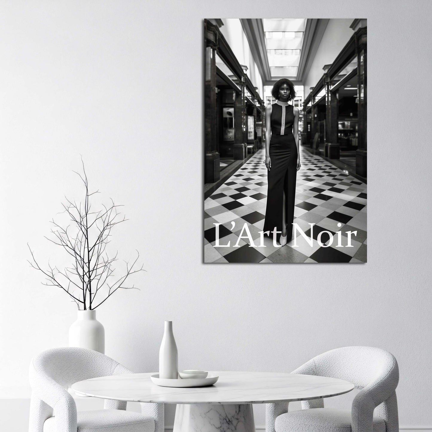 Donna moda L’Art Noir bianco nero abito elegante galleria quadro