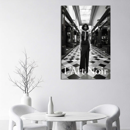 Donna moda L’Art Noir bianco nero abito elegante galleria quadro
