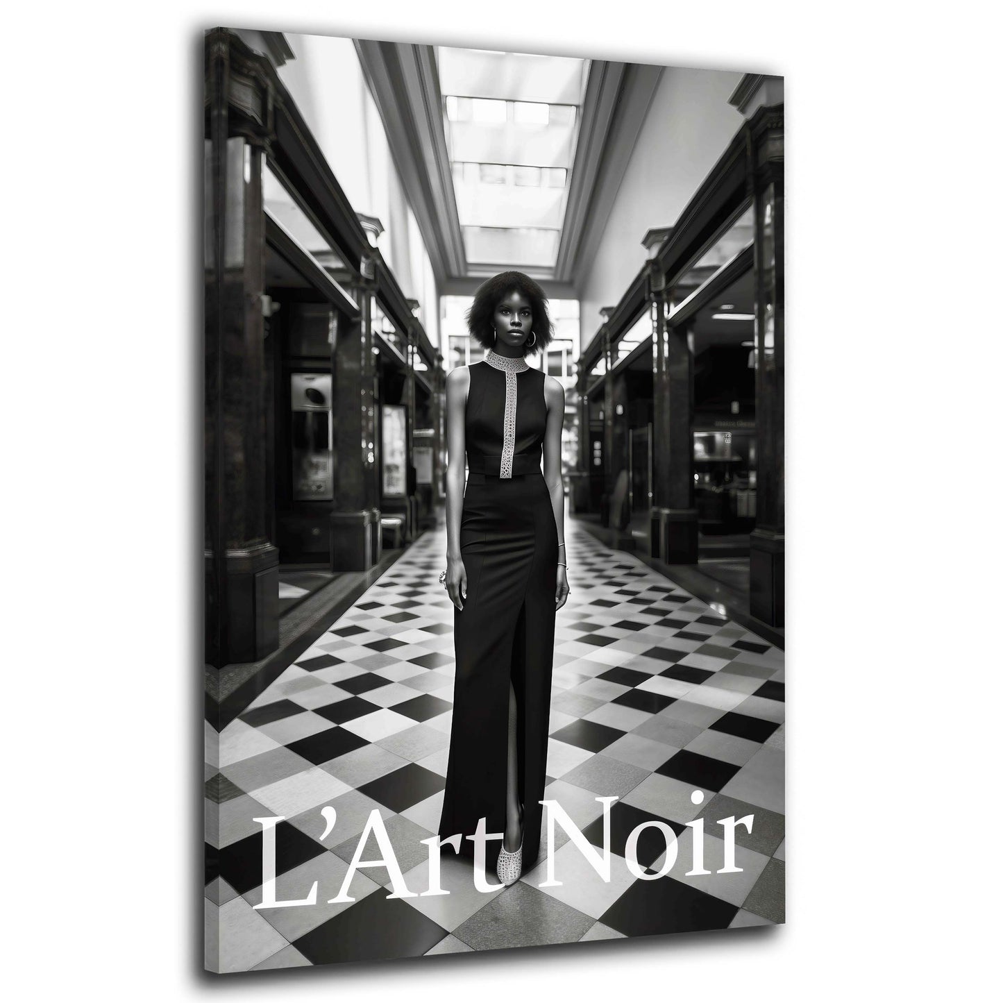 Donna moda L’Art Noir bianco nero abito elegante galleria quadro