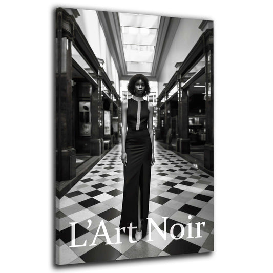 Donna moda L’Art Noir bianco nero abito elegante galleria quadro