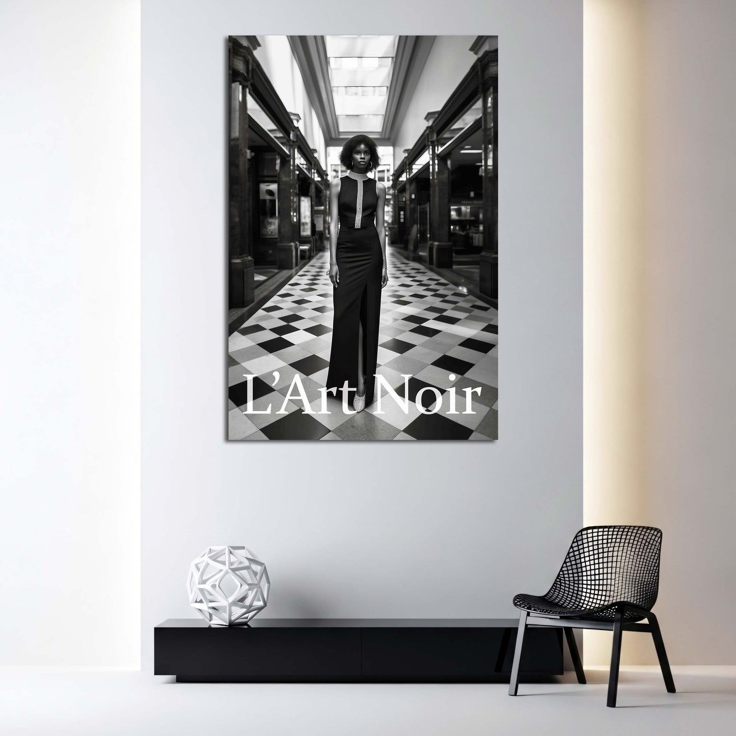 Donna moda L’Art Noir bianco nero abito elegante galleria quadro