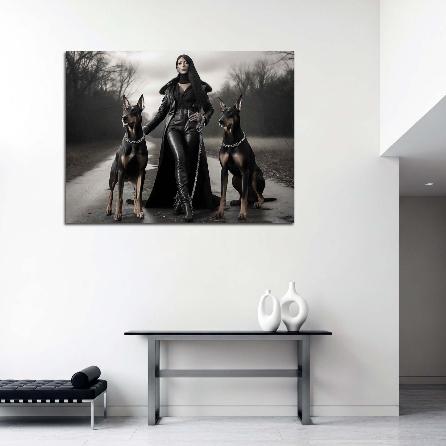 Donna potente cani dobermann look nero quadro